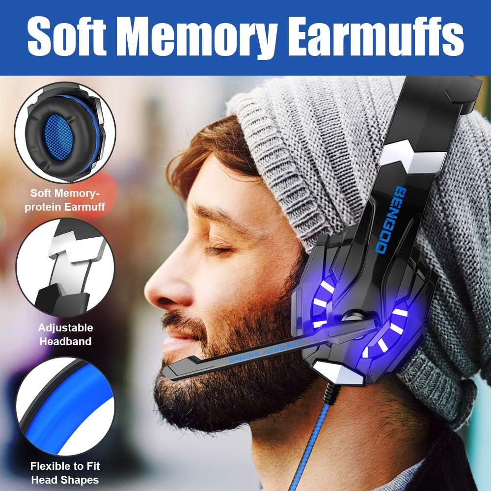 G9000 Stereo Gaming Headset for PS4 PC Xbox One PS5 Controller, Noise Cancelling over Ear Headphones with Mic, LED Light, 7.1 Surround Sound, Soft Memory Earmuffs for Nintendo Xbox Series X|S