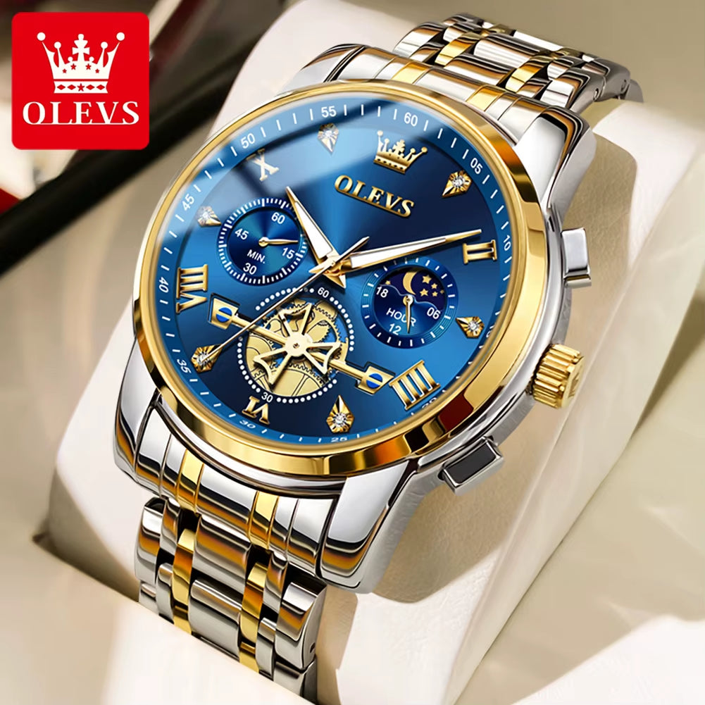 2856 Quartz Watch for Men Flywheel Skeleton Chronograph Moon Phase Multifunctional Stainless Steel Men'S Wristwatches