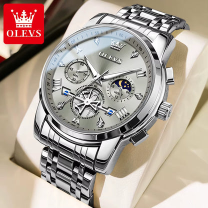 2856 Quartz Watch for Men Flywheel Skeleton Chronograph Moon Phase Multifunctional Stainless Steel Men'S Wristwatches