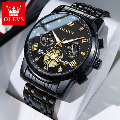 2856 Quartz Watch for Men Flywheel Skeleton Chronograph Moon Phase Multifunctional Stainless Steel Men'S Wristwatches