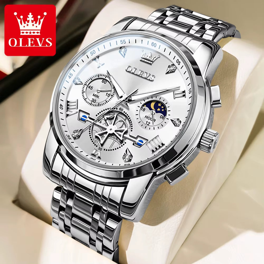 2856 Quartz Watch for Men Flywheel Skeleton Chronograph Moon Phase Multifunctional Stainless Steel Men'S Wristwatches